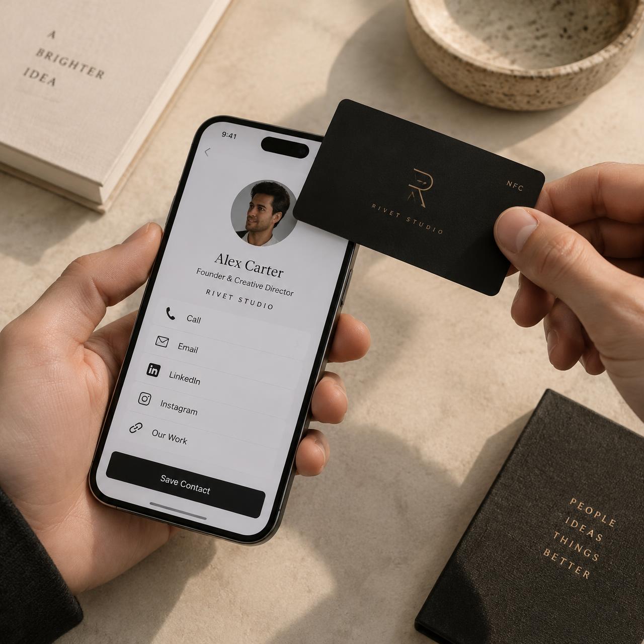 Cartão de visitas digital Toqz aberto no celular por aproximação NFC